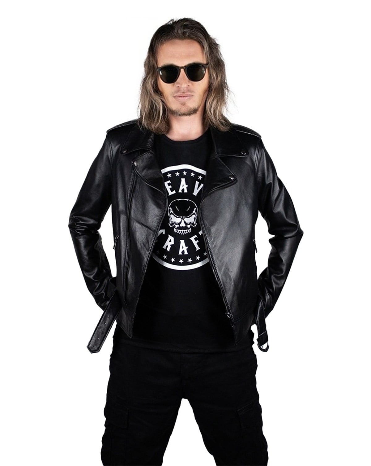 REBELLION Men Black Belt Bike Leather Jacket