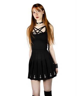 Goth Black Pleated Petrus Cross Skirt