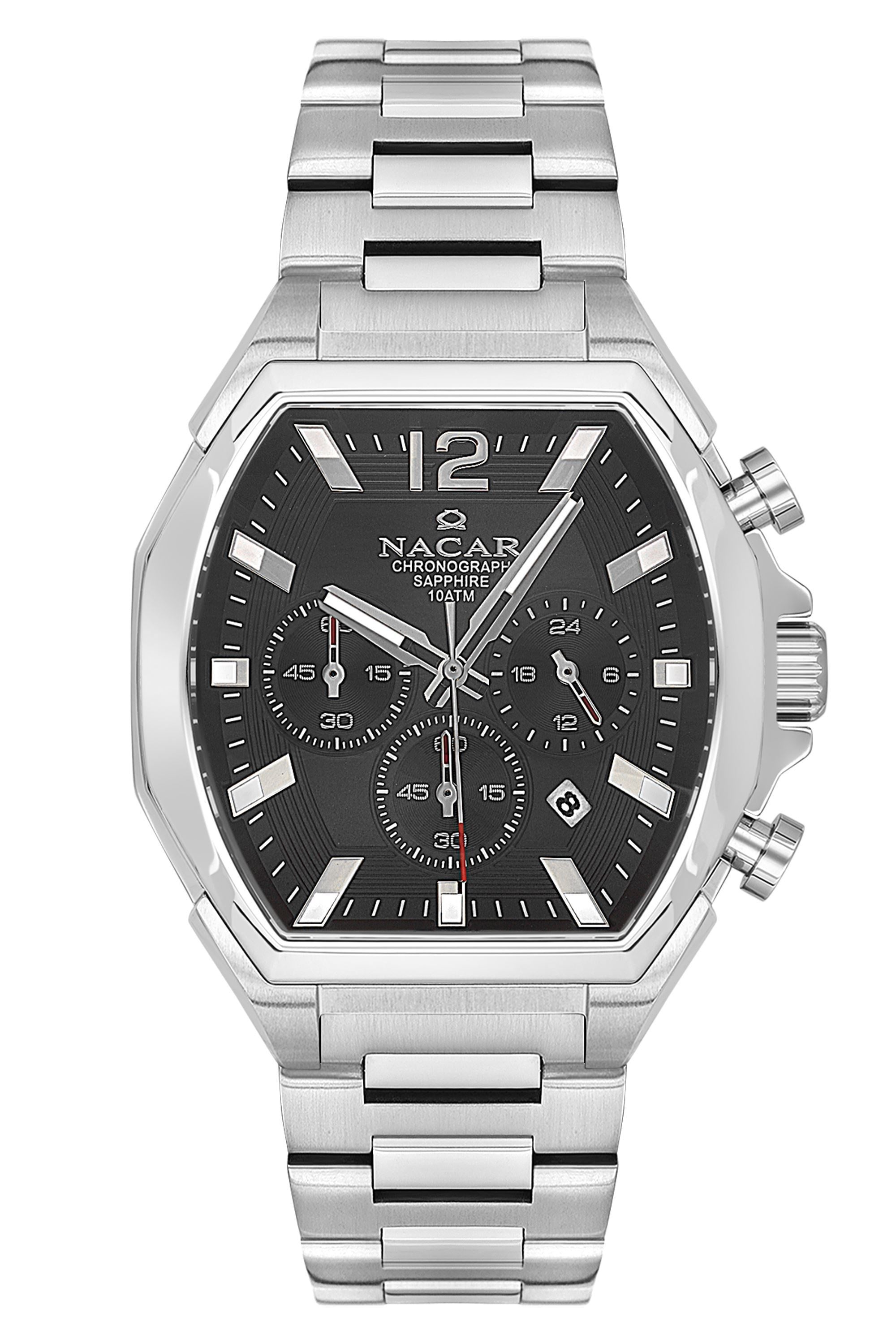 Nacar Çelik Gümüş Renk Kare Kasa Safir Cam Siyah Kadran Kronometreli Erkek Kol Saati C08-29430744-ABM