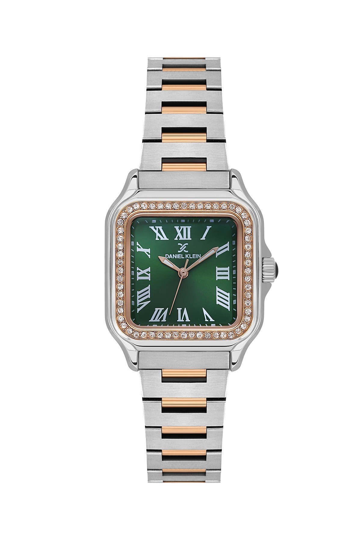 Daniel Klein Metal Rose Gold Gümüş Çift Renk Yeşil Kare Takvimli Taşlı Kasa Kadın Kol Saati DK.1.14040-6
