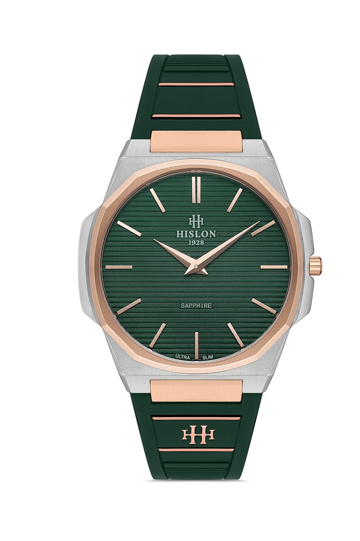 Hislon Yeşil Silikon Kordon Çelik Gümüş Rose Gold Kasa  Ultra İnce Safir Cam Erkek Kol Saati CL127T-25YR