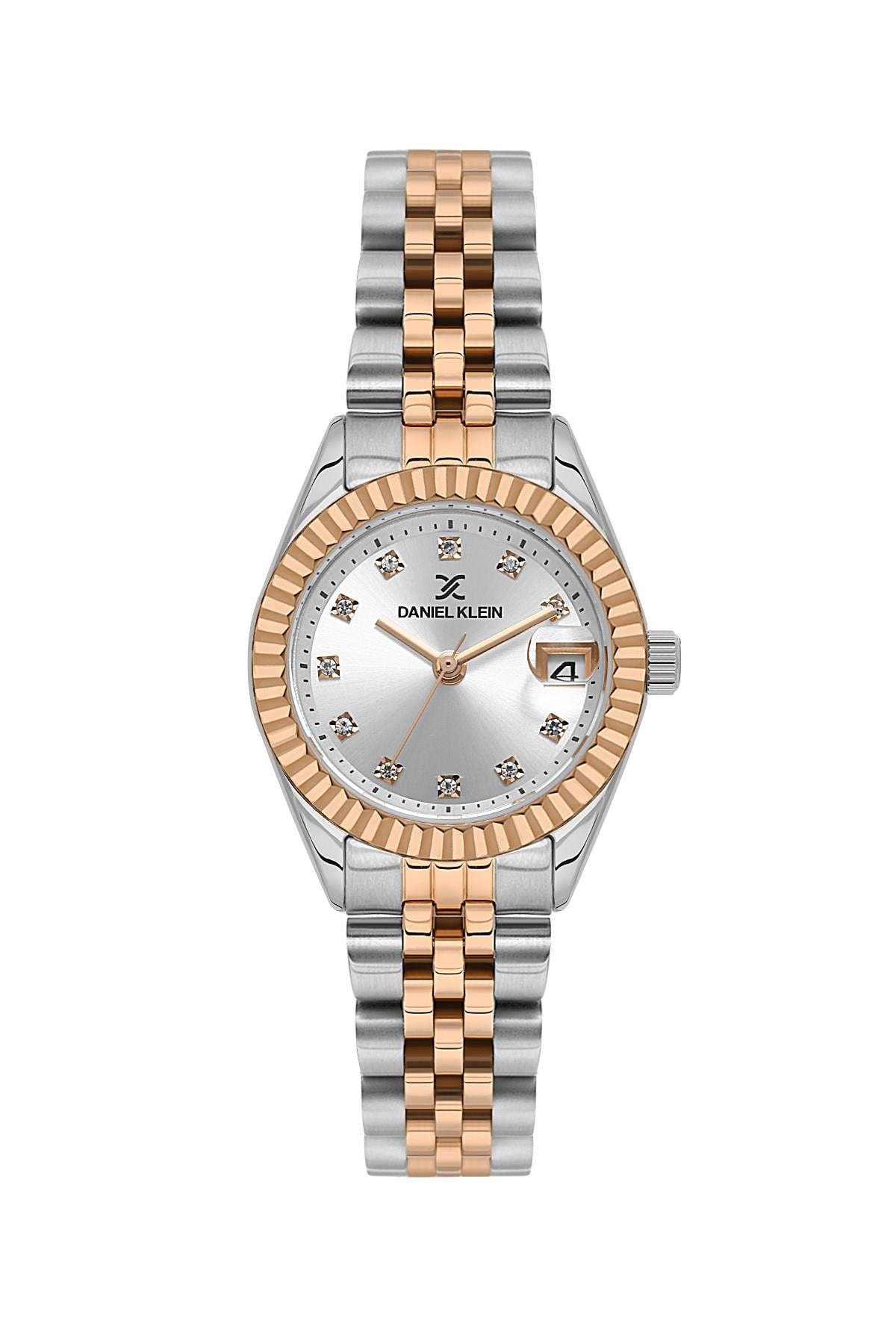 Daniel Klein Spor Taşlı Gri Kadran Metal Rose Gold Örgü Kordon Takvimli Kadın Kol SaatiDK.1.13969-8