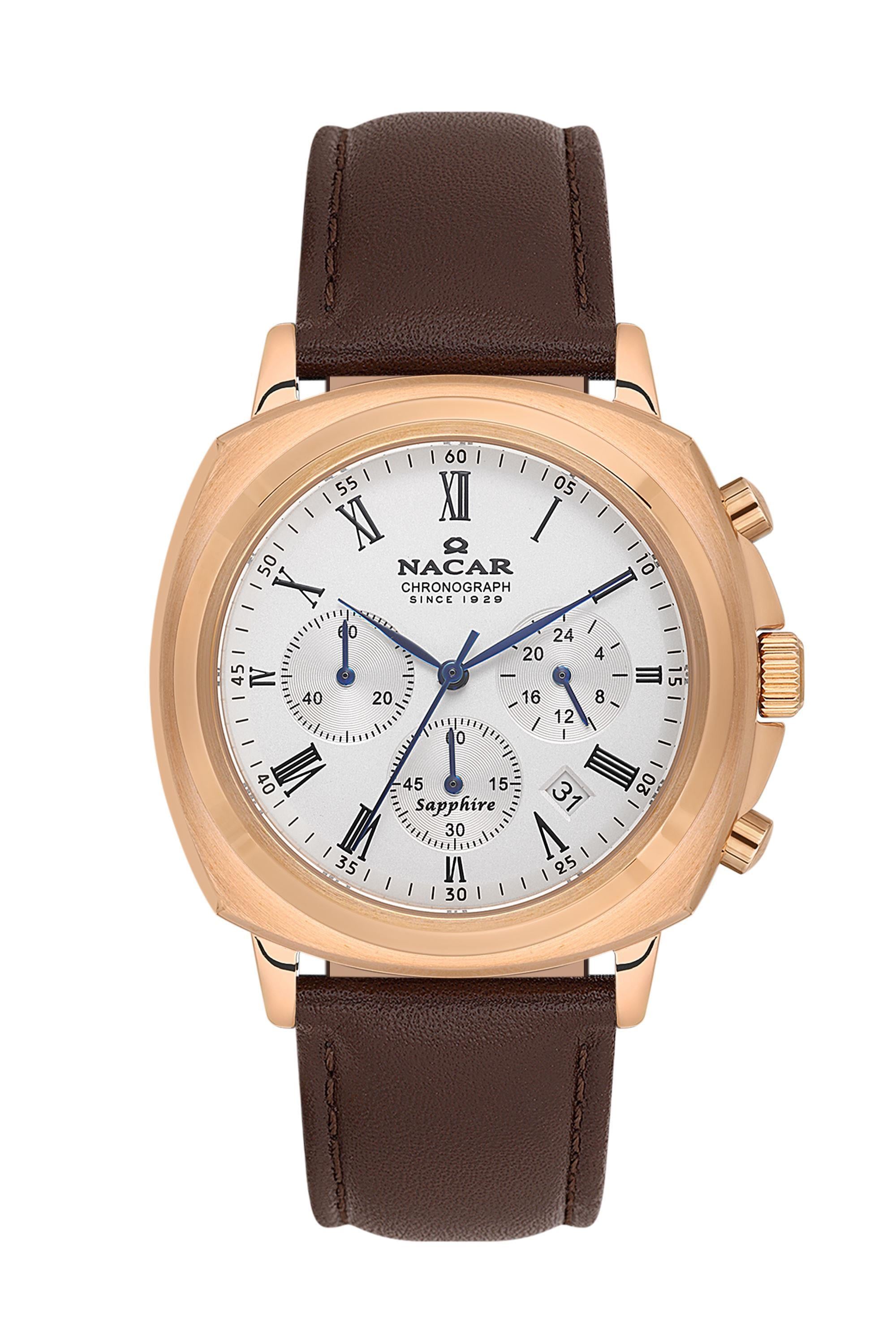 Nacar Çelik Rose Gold Kahverengi Deri Kordon Tasarımlı Kasa Erkek Kol Saati NC40-290498-RWL2