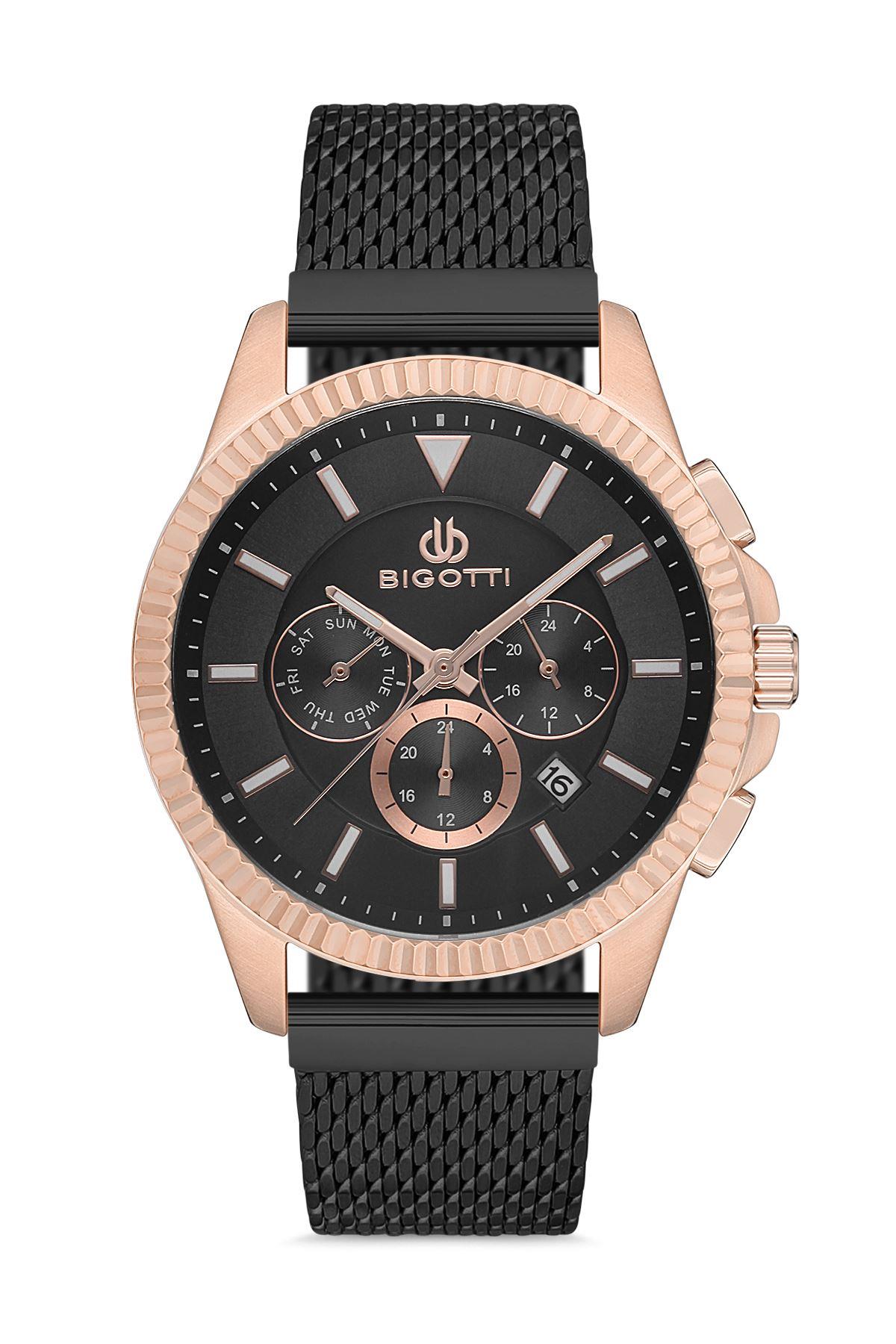 Bigotti Milano Spor Siyah Hasır Kordon Rose Gold Kasa Fonksiyonlu Siyah Kadran Erkek Kol Saati BG.1.10122.6