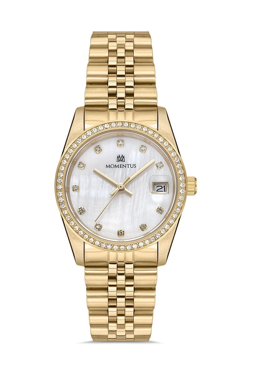 Momentus Gold Renk Taşlı Takvimli Sedef Kadranlı Kadın Kol Saati SW131G-09SG