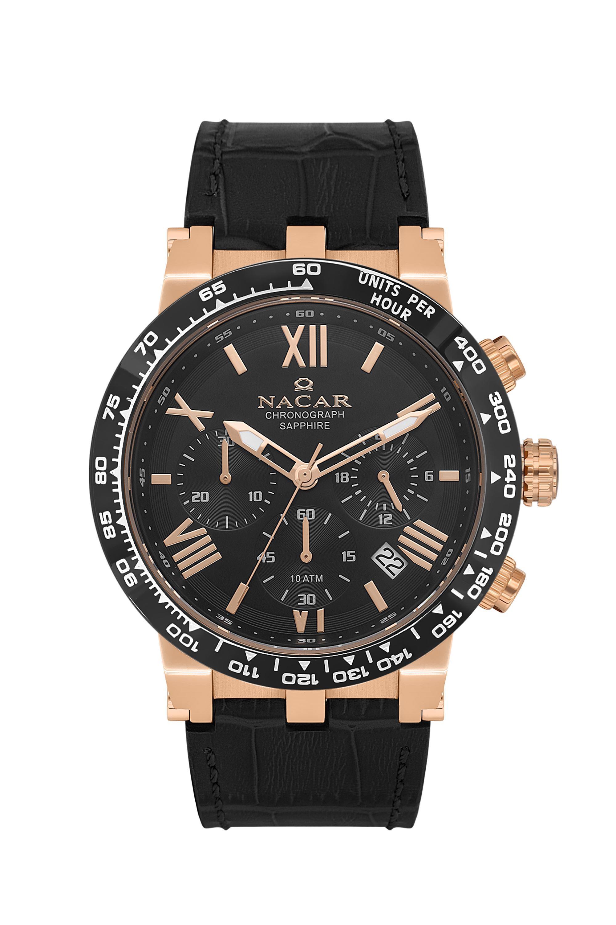 Nacar Siyah Deri Kordon Safir Cam Rose Gold  Kronometreli Spor Erkek Kol Saati NC34-29B679-RBL1