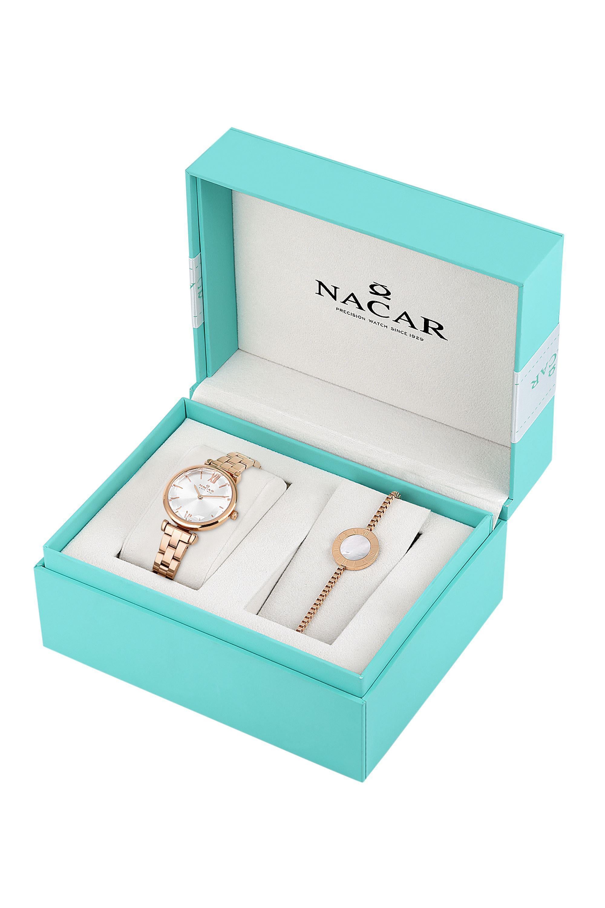 Nacar Rose Gold Beyaz Kadran Bileklik Hediyeli Set Bayan Kol Saati NC34-3921125-RSM-SET