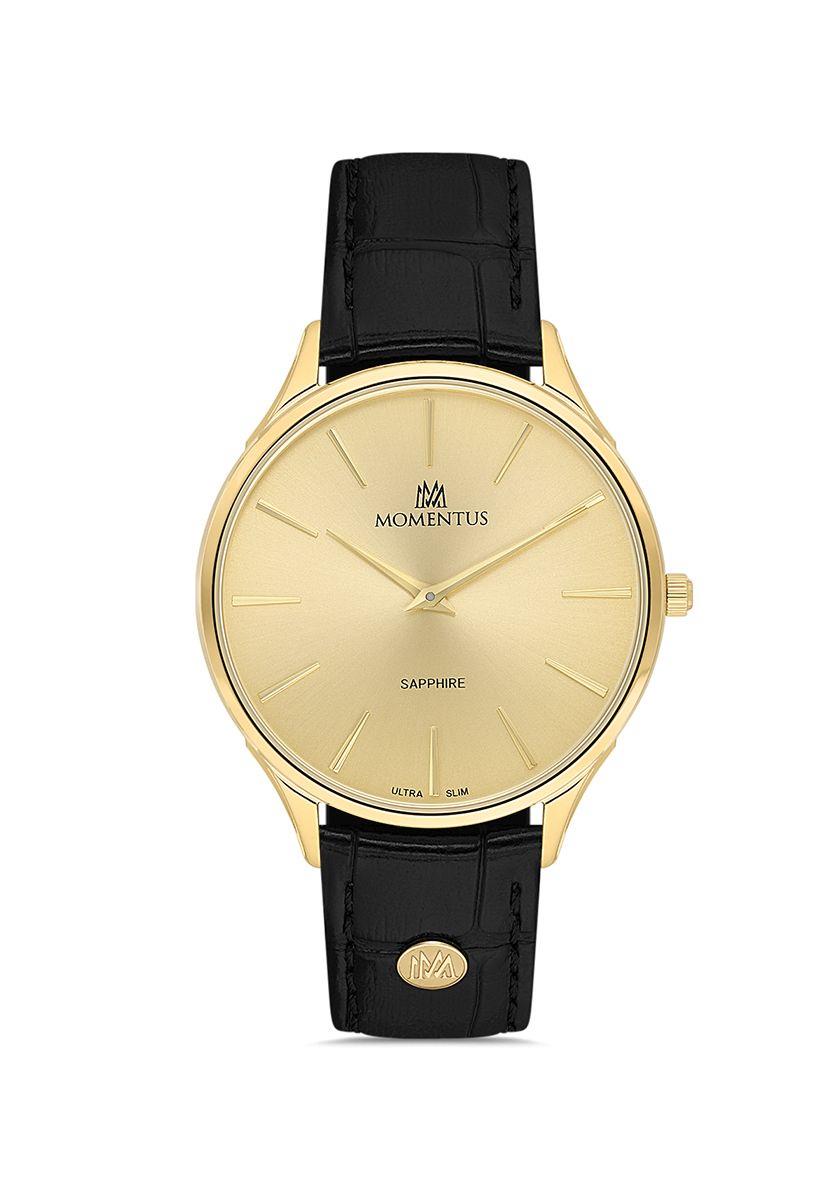 Momentus Klasik Siyah Kordon Altın Gold Renk Kasa Erkek Kol Saati EM349G-08BG