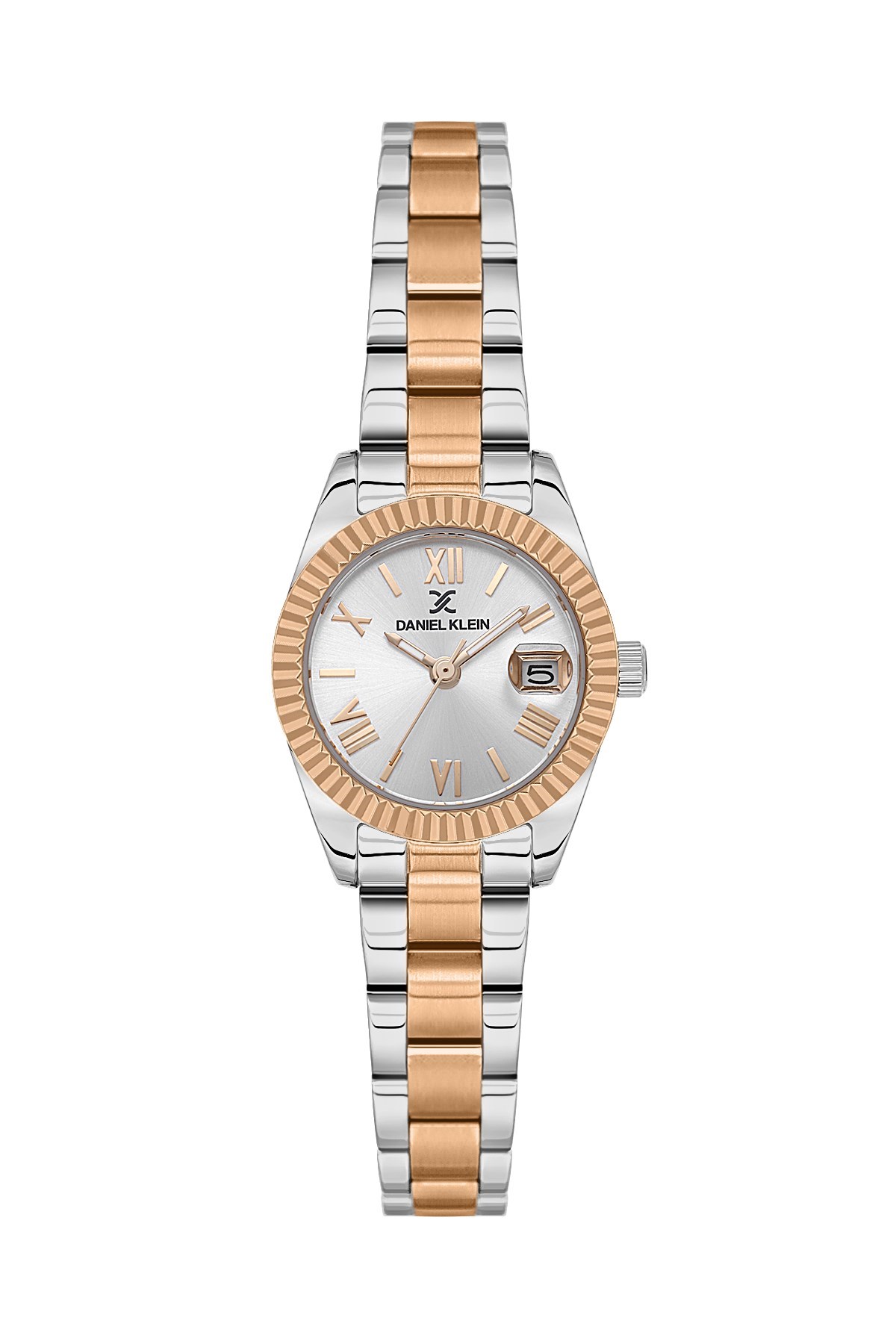 Daniel Klein Metal Kasa Kordon Gümüş Rose Gold Çift Renk Takvimli Beyaz Kadran Kadın Kol Saati DK.1.14276-13