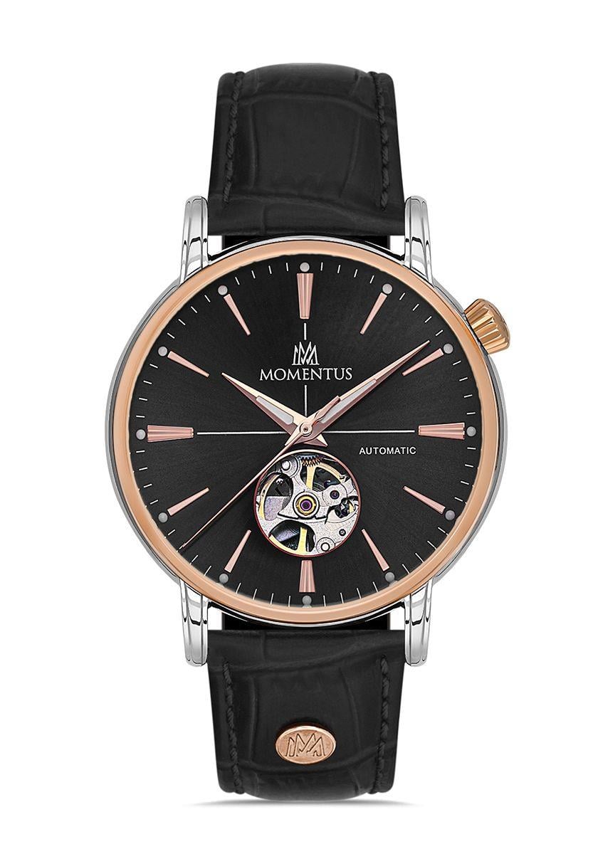 Momentus Siyah Deri Kordon Rose Gold Otomatik Erkek Kol Saati