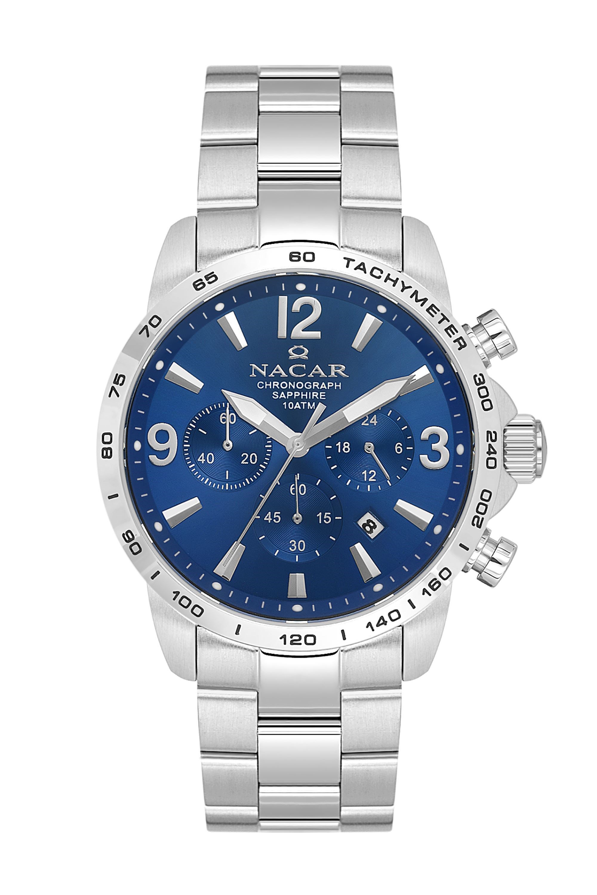 Nacar Çelik Metal Gümüş Renk Lacivert Kadran Kronometreli  Safir Cam Erkek Kol Saati NC08-29420706-ALSM