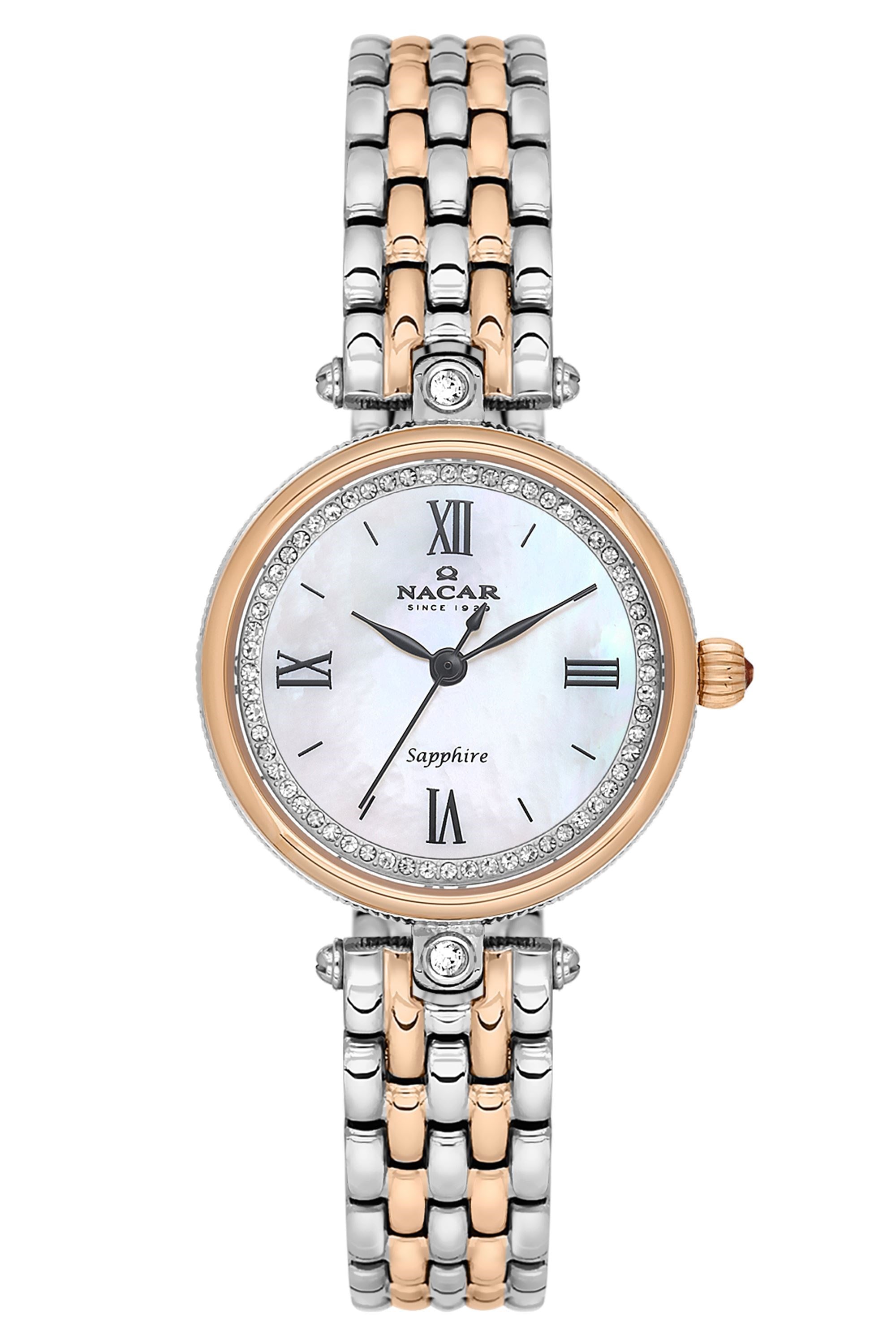 Nacar Metal Çelik Safir Cam Rose Gold Gümüş Çift Renk Beyaz Kadran Kadın Kol Saati NC34-39B868-EWMS