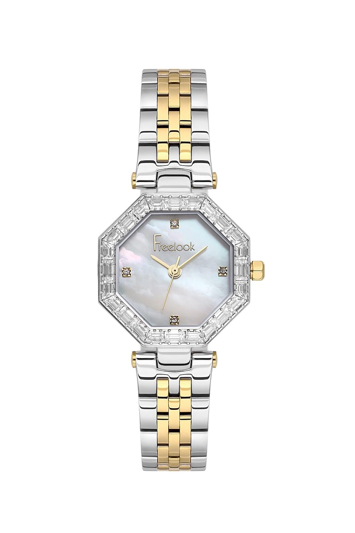 Freelook Tasarımlı Taşlı Kasa Çift Renk Çelik Kadın Kol Saati FL.1.10529-4
