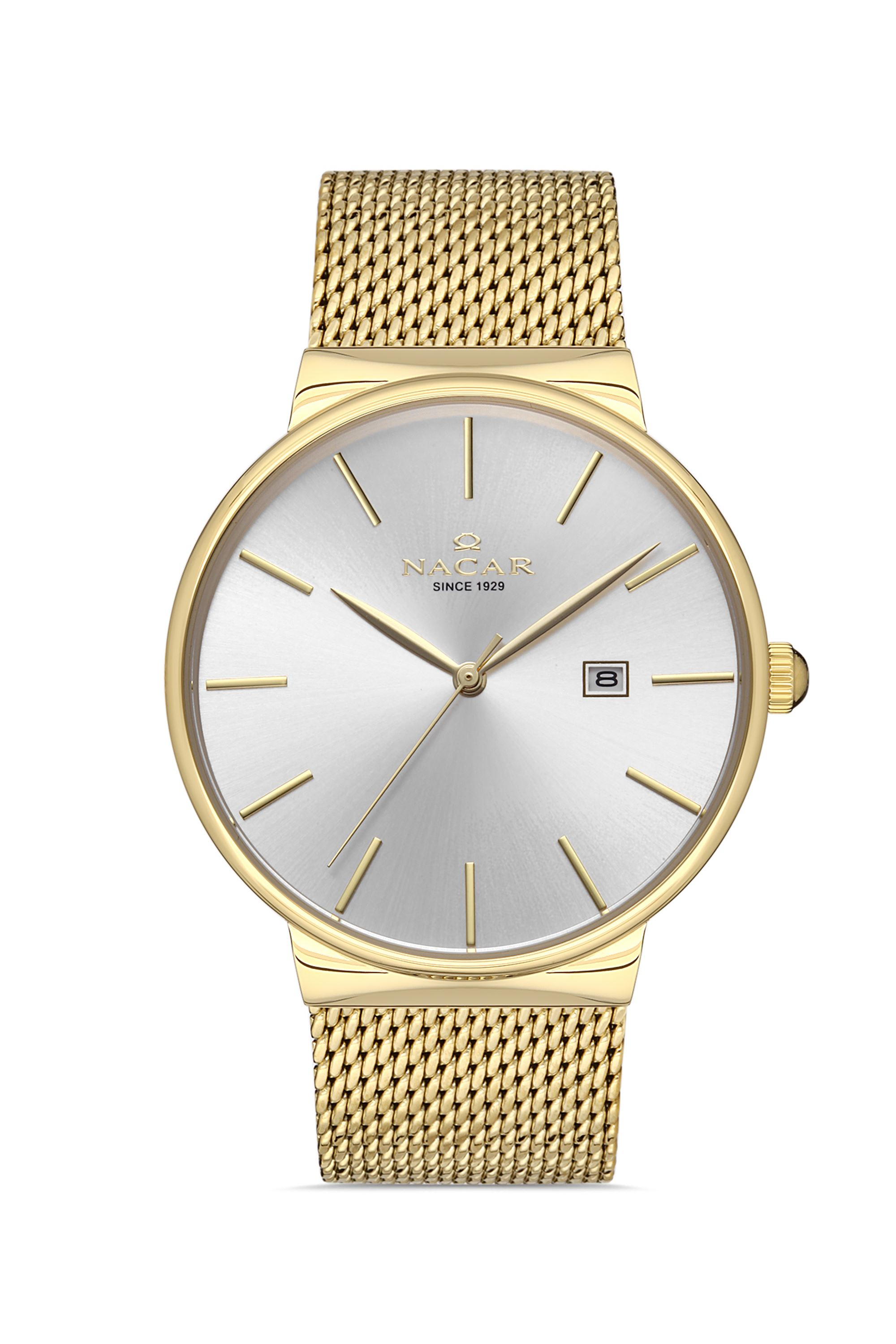 Nacar Altın Gold Renk Hasır Kordon Klasik Sade Beyaz Kadran Erkek Kol Saati NC34-290431-DSCM