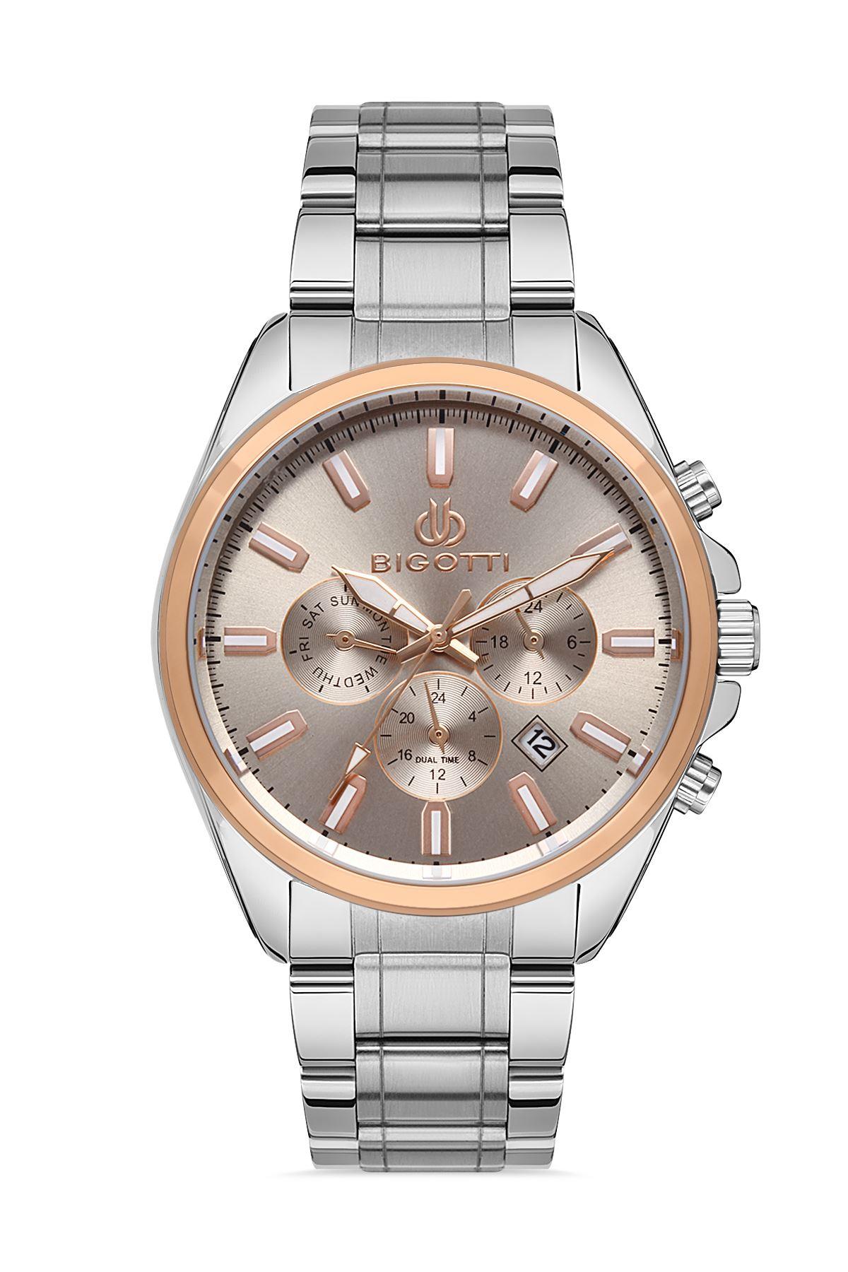 Bigotti Milano Spor Metal Klasik Gri Fonksiyonlu Kadran Rose Gold Gümüş Çift Renk Erkek Kol Saati BG.1.10328.3