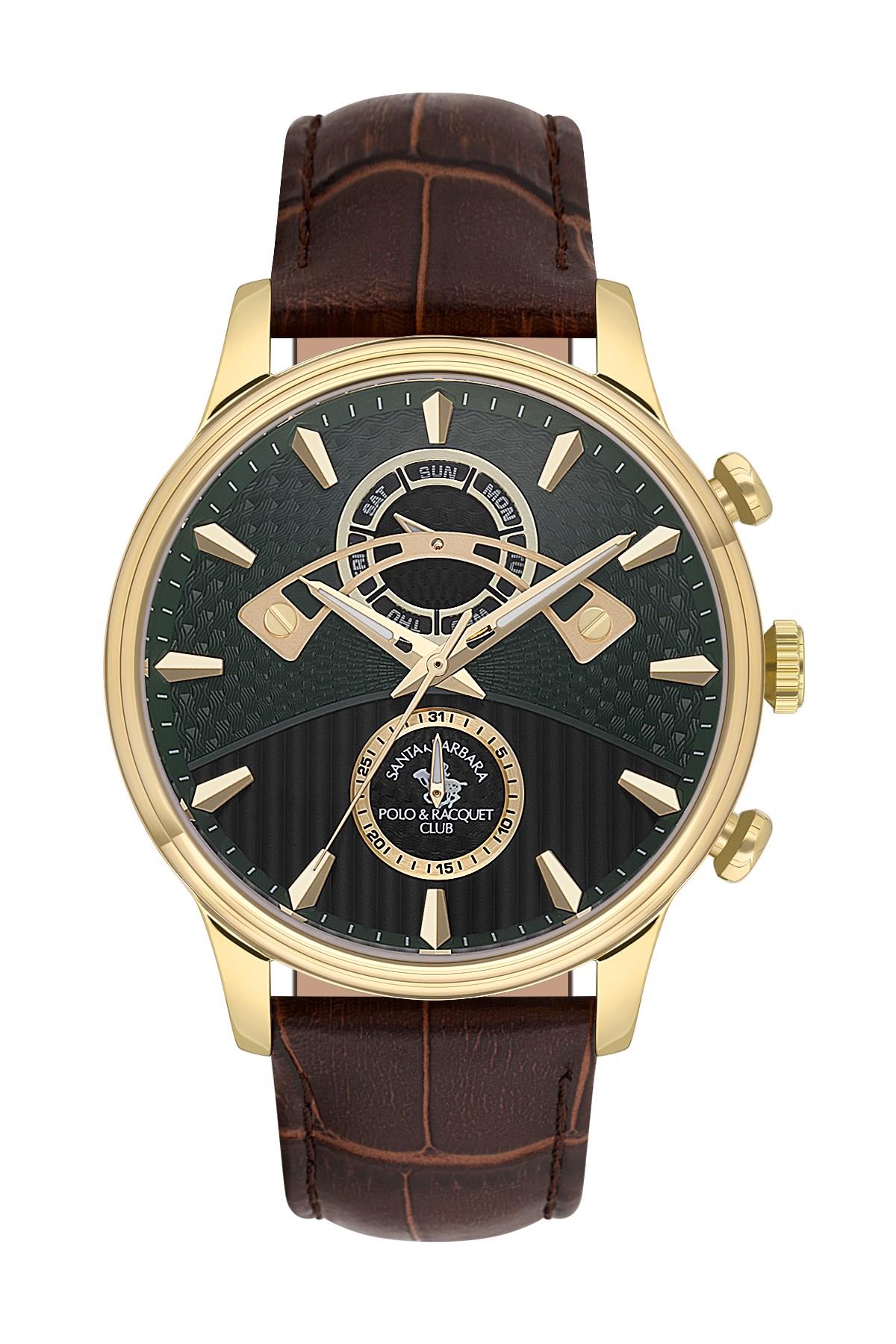 Santa Barbara Polo & Racquet Club Kahverengi Deri Kordon Altın Gold Kasa Yeşil Kadran Spor Erkek Kol Saati SB.1.10593-5