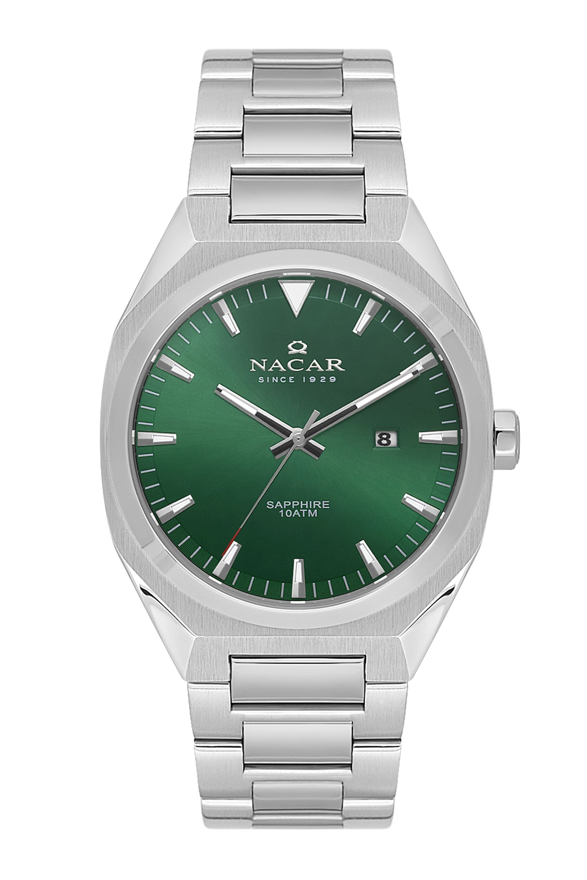 Nacar Çelik Gümüş Renk Klasik Sade Yeşil Kadran Safir Cam Erkek Kol Saati NC08-29430737-ANM
