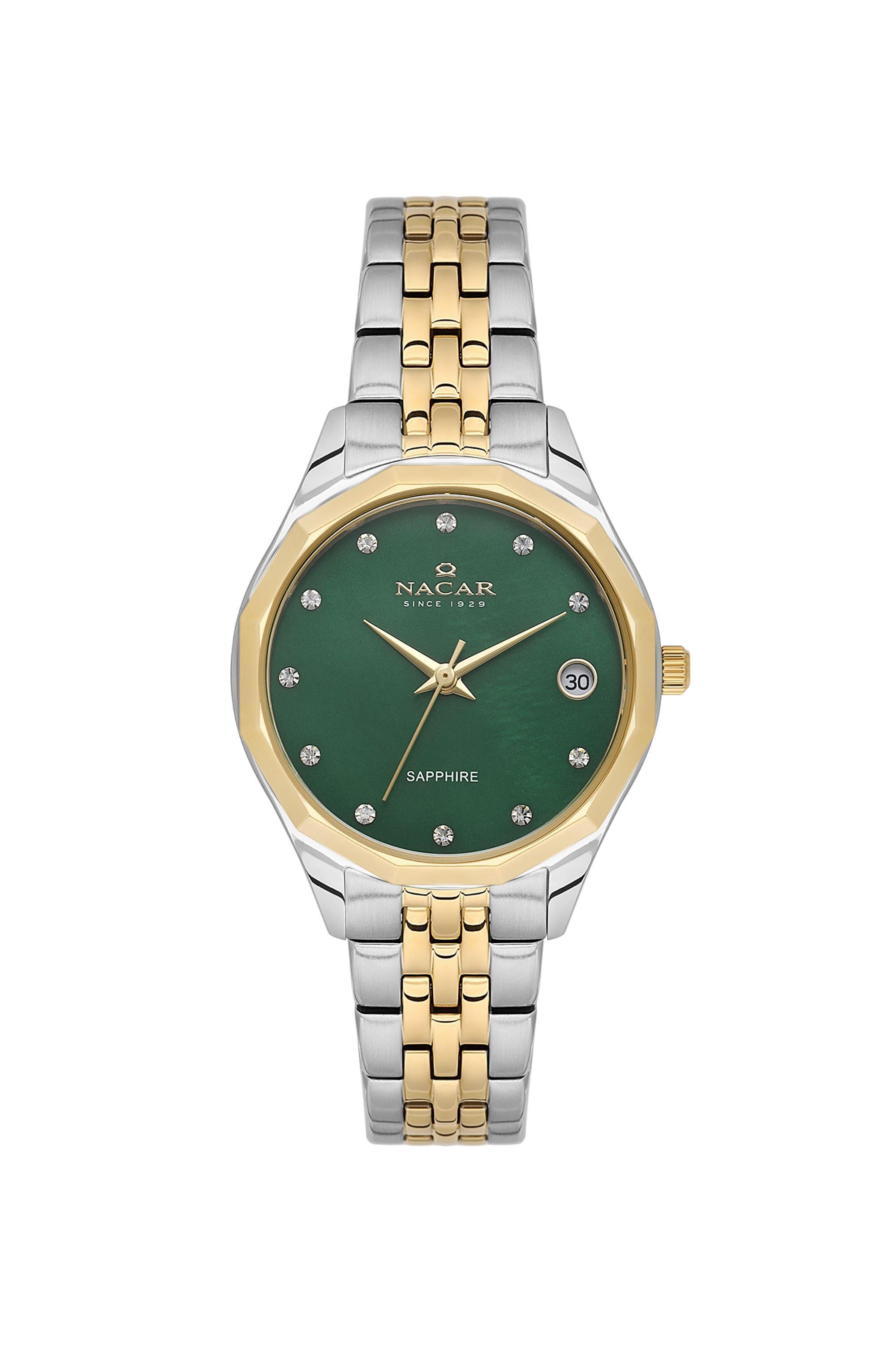 Nacar Çelik Safir Cam Altın Gümüş Çift Renk Yeşil Kadran Kadın Kol Saati NC34-39B715-CNMS