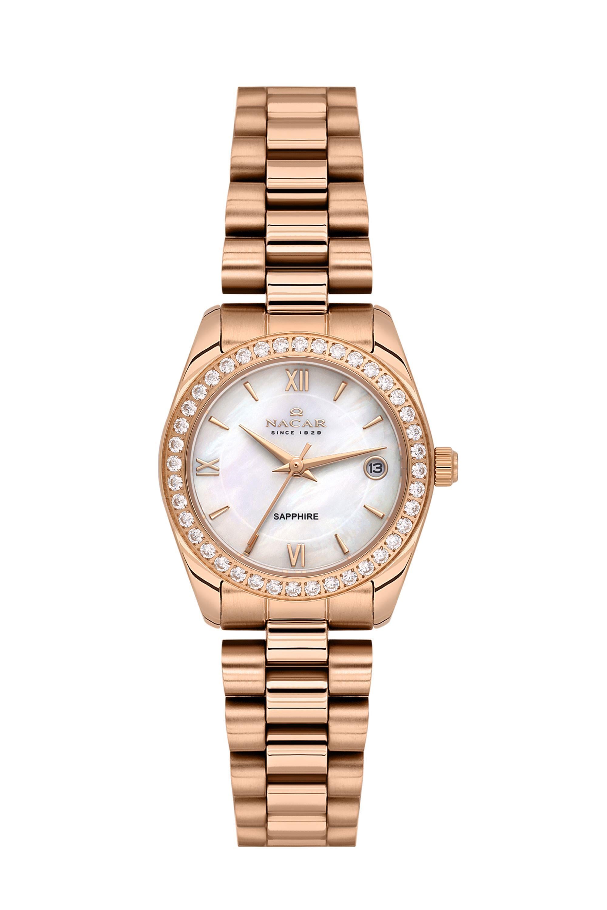 Nacar Çelik Metal Kordonlu Yuvarlak Taşlı Kasa Rose Gold Kadın Kol Saati NC34-39A427-RWMS