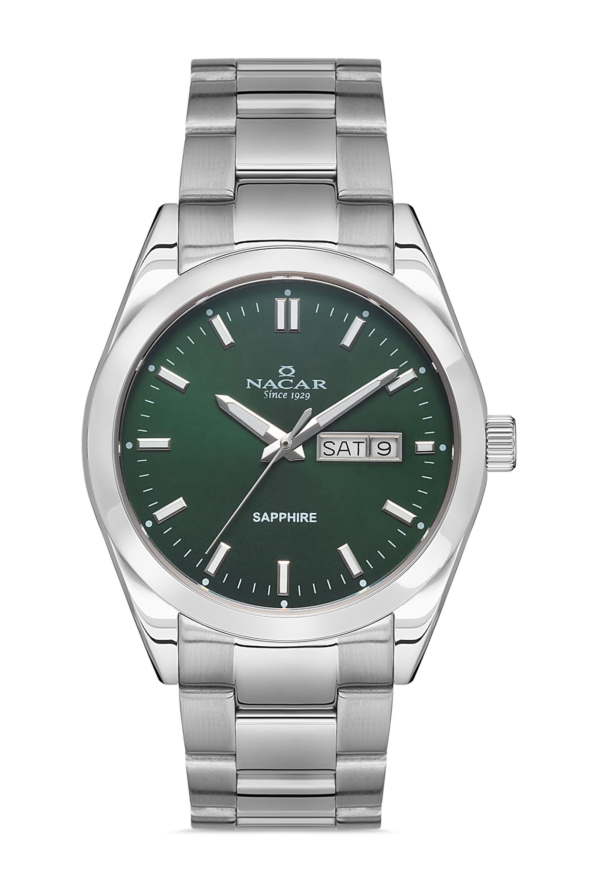 Nacar Çelik Gri Renk Kordon Kasa Safir Cam Yeşil Kadran Erkek Kol Saati NC31-299227-ANM