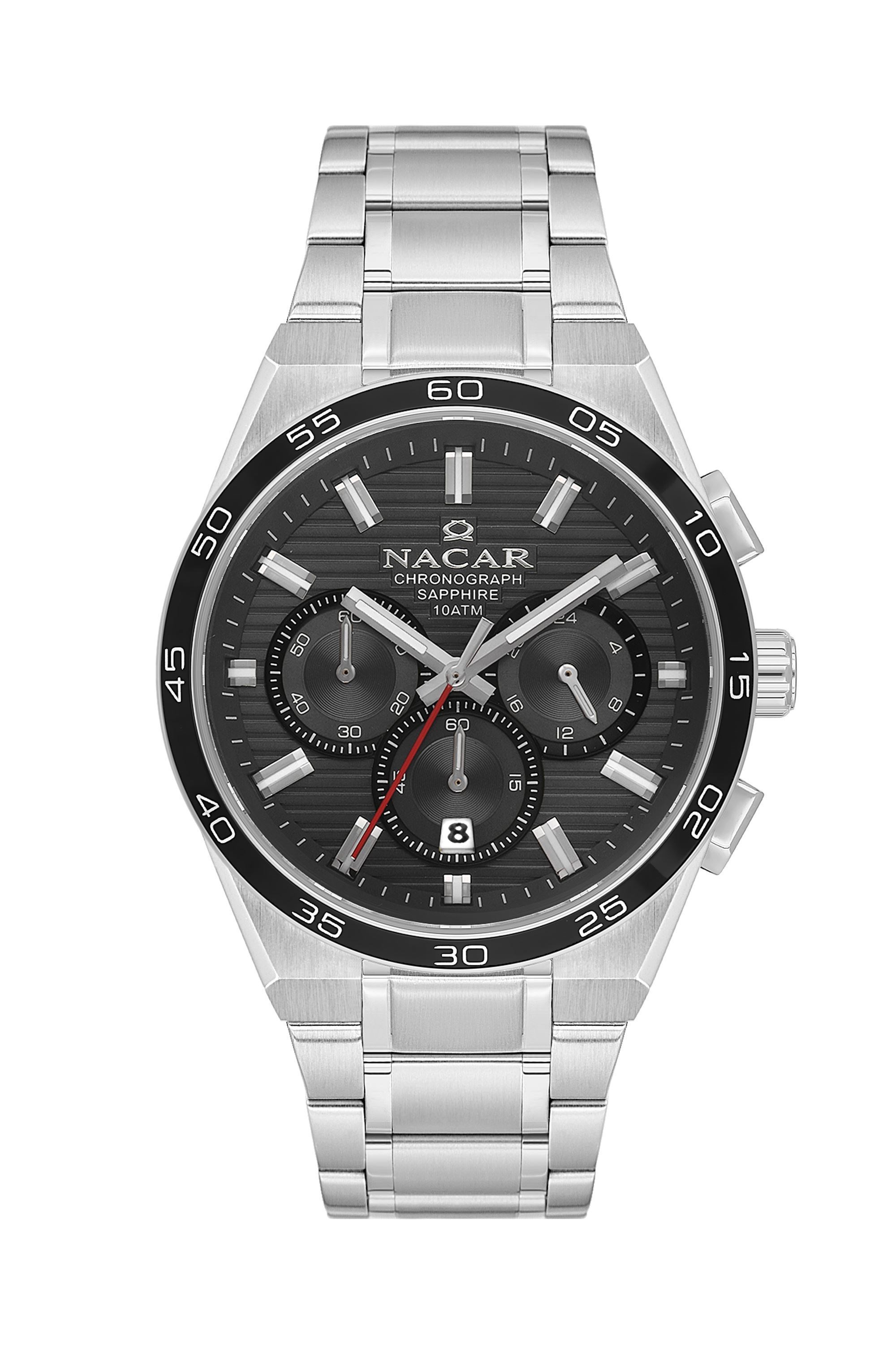 Nacar Çelik Metal Gümüş Renk Kasa Kordon Yuvarlak Siyah Kadran Safir Cam Kronometreli Spor Erkek Kol Saati NC08-29420704-ABM