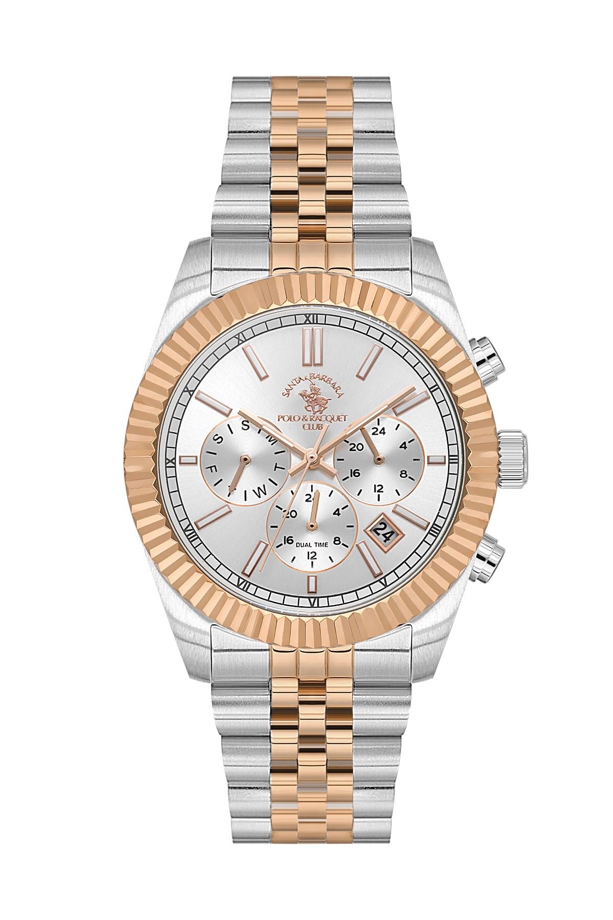 Santa Barbara Polo & Racquet Club Spor Çelik Gümüş Rose Gold Çift Renk Beyaz Kadran Fonksiyonlu Erkek Kol Saati SB.1.10653-6
