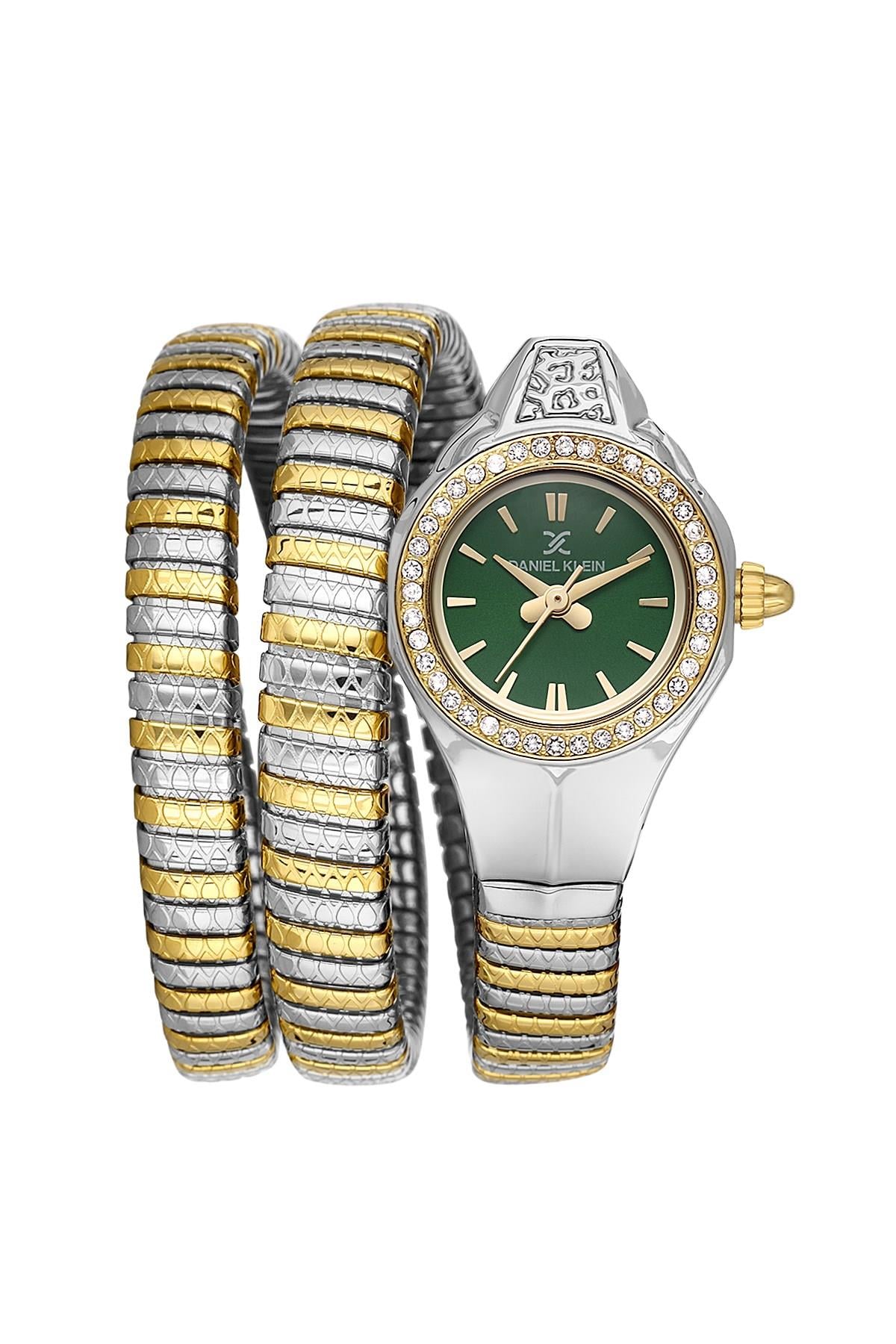 Daniel Klein Taşlı Gold Gümüş Kasa Yılan Model Yeşil Kadran Kadın Kol Saati DK.13.10085-5