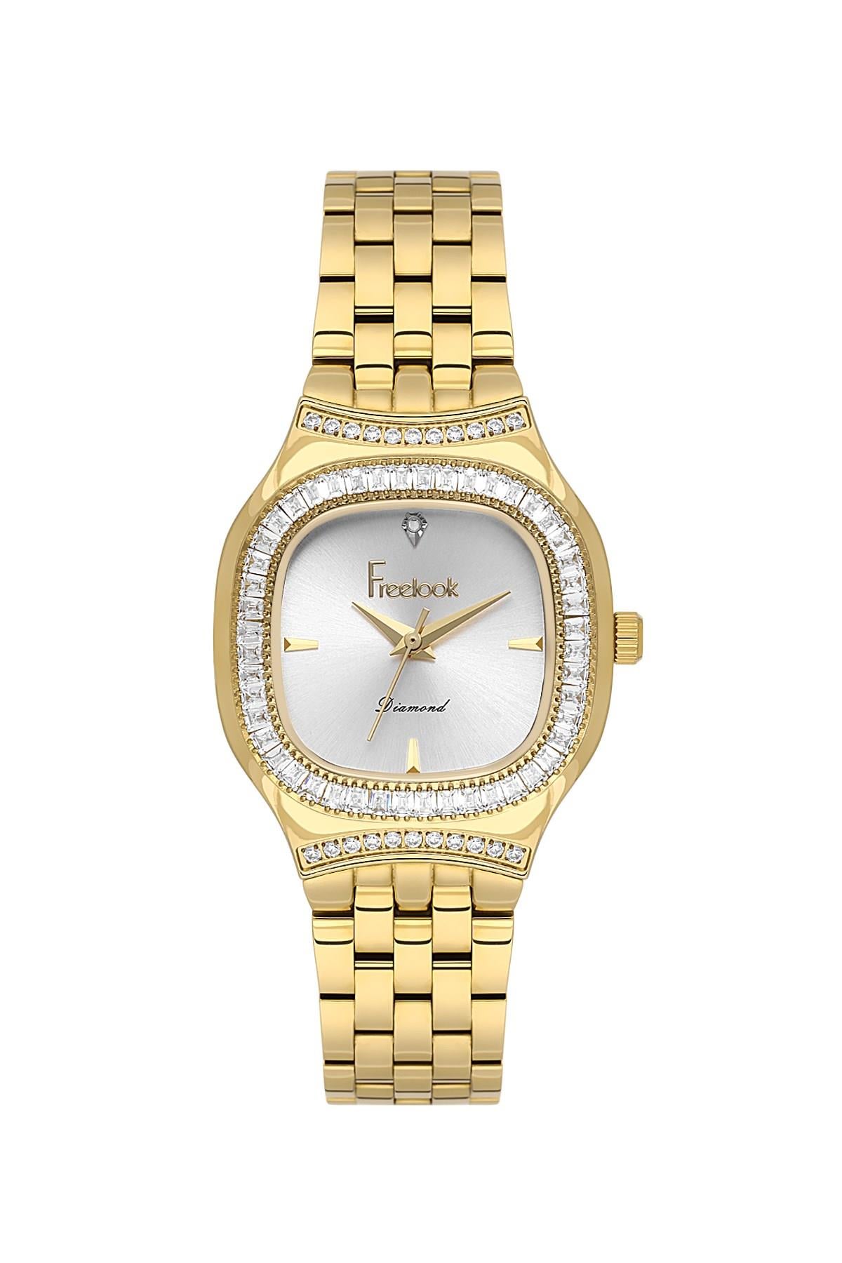 Freelook Dikdörtgen Kasa Dıamond Sertifikalı Taşlı Altın Gold Renk Kadın Kol Saati  FL.1.10528-2
