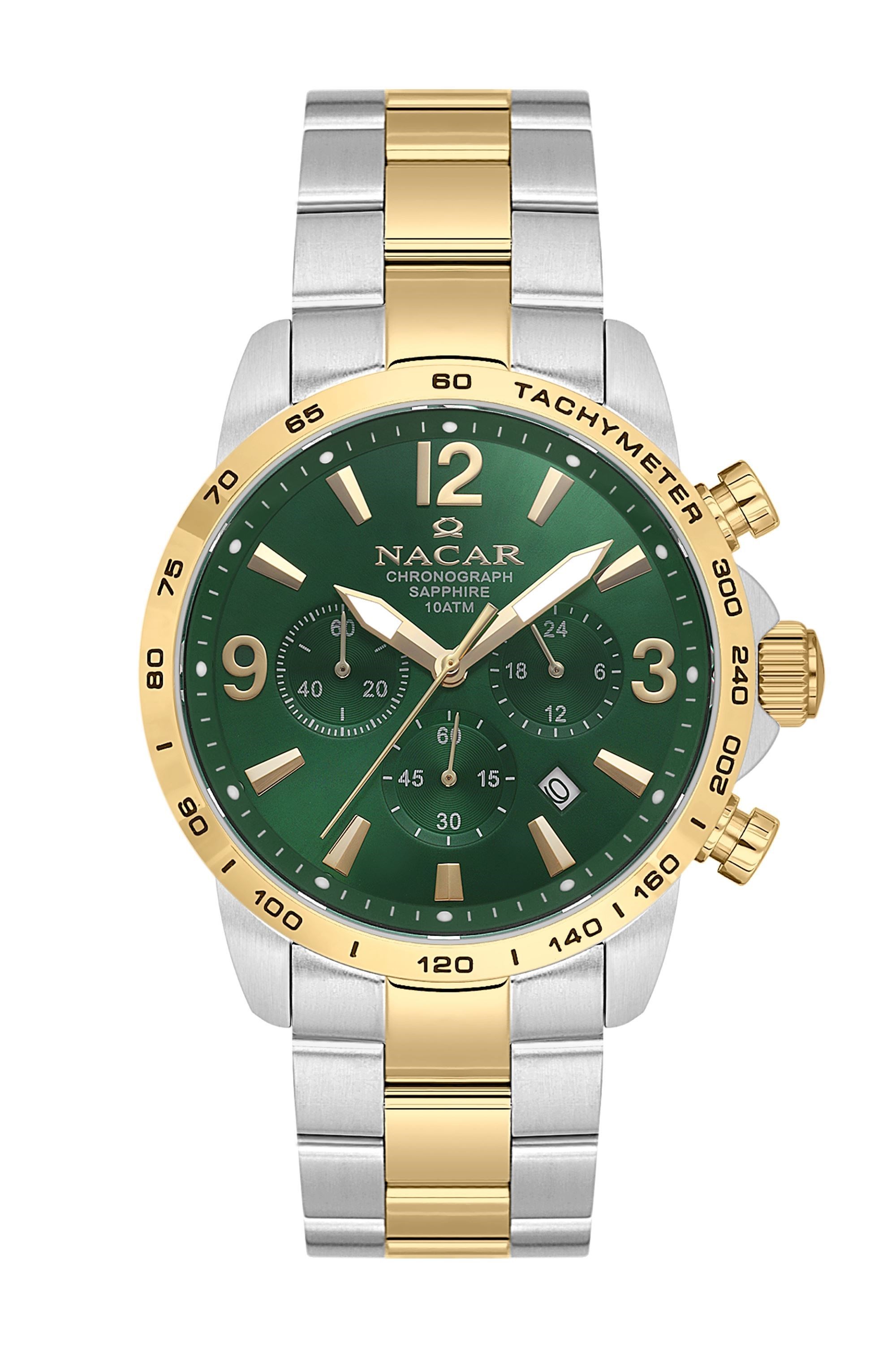 Nacar Çelik Metal Gümüş Altın Gold Çift Renk Yeşil Kadran Kronometreli Safir Cam Erkek Kol Saati NC08-29420706-CNCM