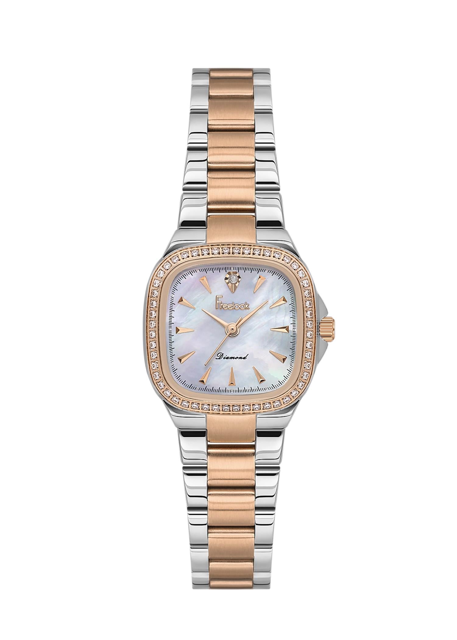 Freelook Tasarımlı Dıamond Sertifikalı Taşlı Kasa Rose Gold Gümüş Çift Renk Çelik Kadın Kol Saati FL.4.10013-6
