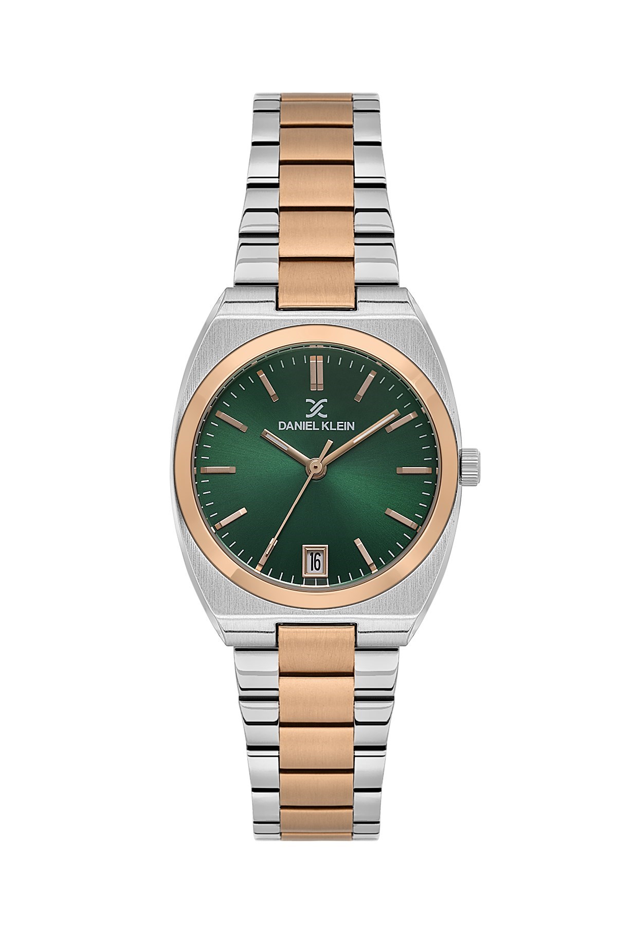 Daniel Klein Metal Gümüş Rose Gold Kasa Kordon Takvimli Yeşil Kadran Kadın Kol Saati DK.1.13960-6