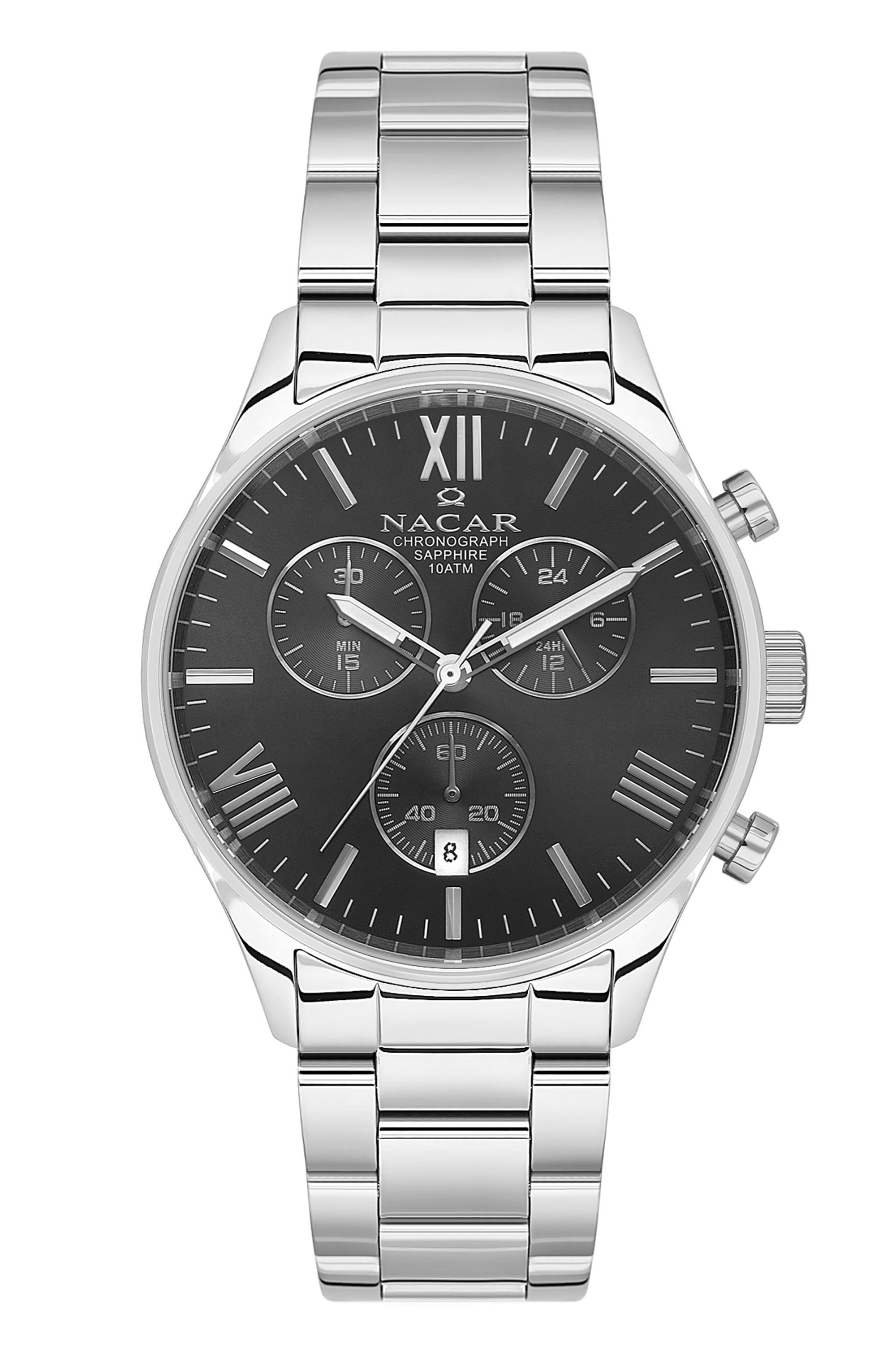 Nacar Metal Çelik Spor Safir Cam Gümüş Model Kasa Kordon Siyah Kadran Erkek Kol Saati NC08-29430616-ABM