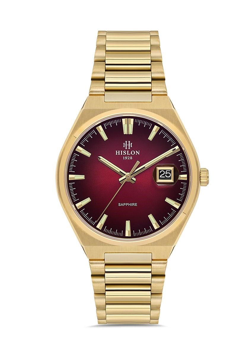 Hislon Klasik Safir Cam Metal Altın Gold Renk Kasa Kordon Kırmızı Tasarımlı Renk Kadran Erkek Kol Saati CL222G-14SG