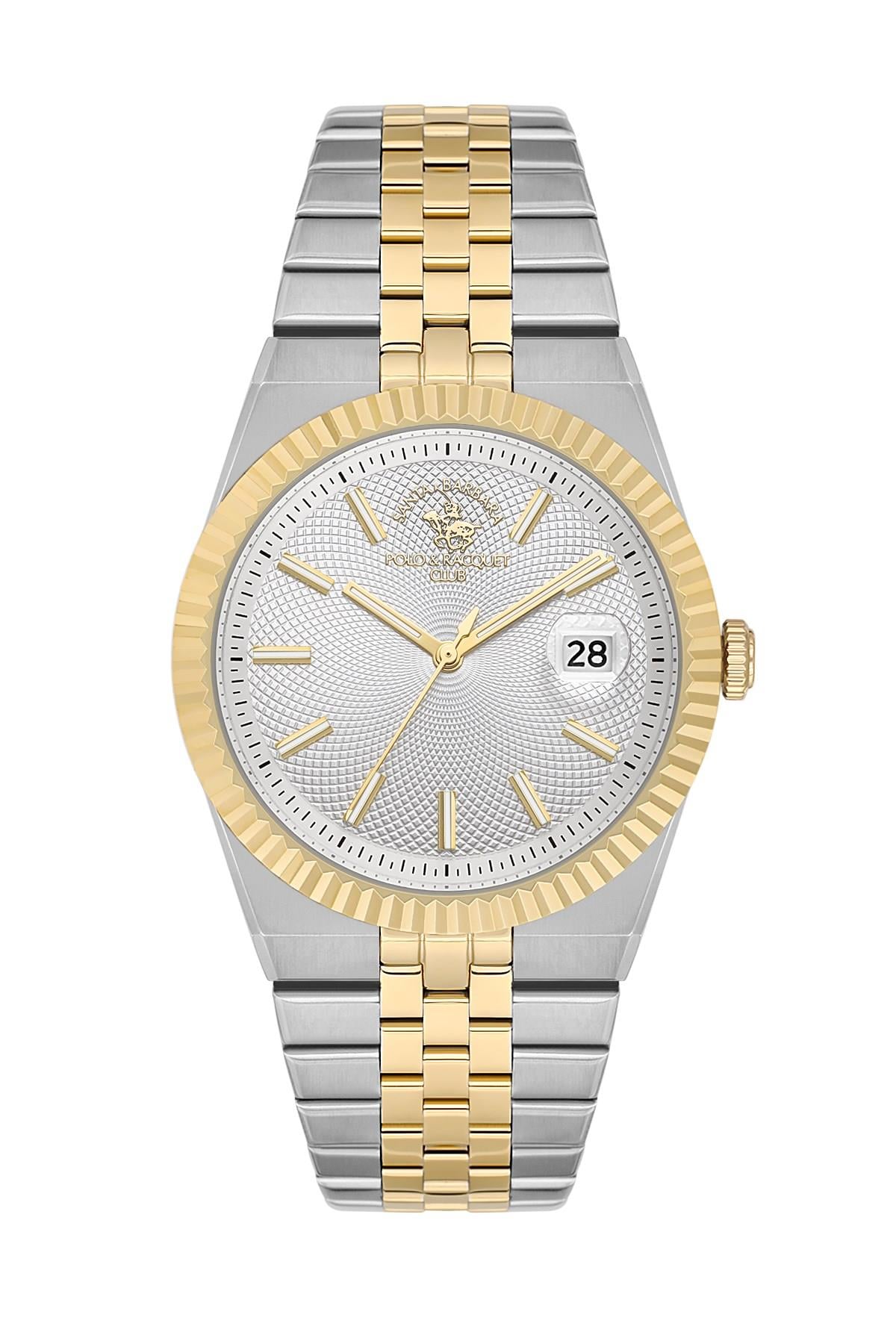 Santa Barbara Polo & Racquet Club Spor Çelik Beyaz Kadran Klasik Gümüş Altın Gold Çift Renk Erkek Kol Saati SB.4.10045-6