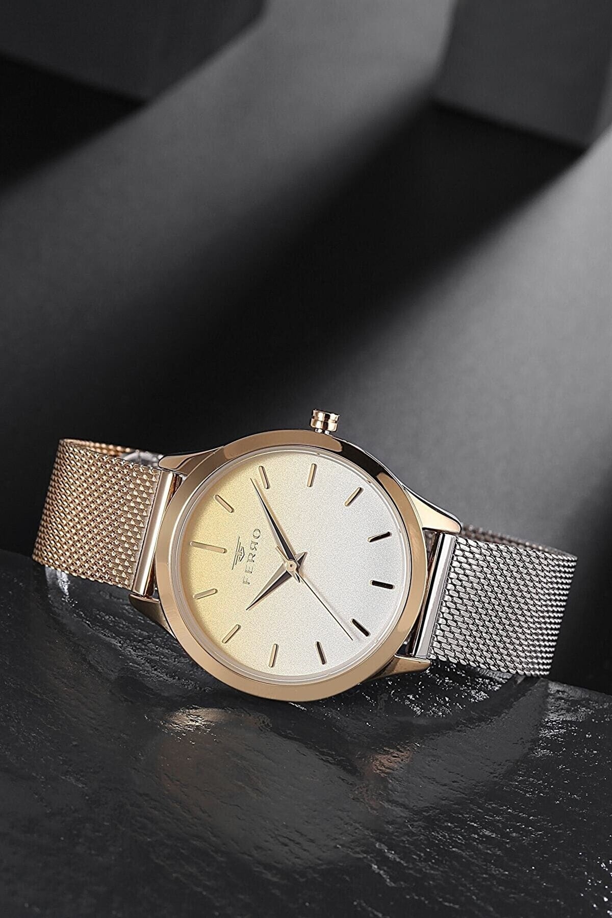 FERRO Hasır Kordon Çift Renk Rose Gold Kadın Kol Saati
