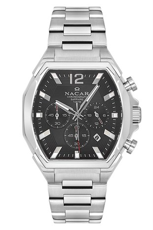Nacar Çelik Gümüş Renk Kare Kasa Safir Cam Siyah Kadran Kronometreli Erkek Kol Saati C08-29430744-ABM