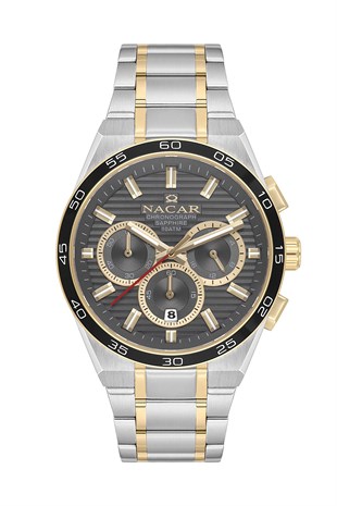 Nacar Çelik Altın Gümüş Renk Kasa Kordon Yuvarlak Siyah Kadran Safir Cam Kronometreli Spor Erkek Kol Saati NC08-29420704-CGM