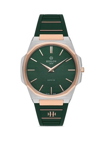 Hislon Yeşil Silikon Kordon Çelik Gümüş Rose Gold Kasa  Ultra İnce Safir Cam Erkek Kol Saati CL127T-25YR