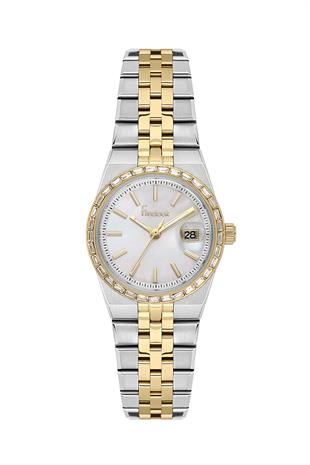 Freelook Çelik Altın Gold Gümüş Çift Renk Renk Beyaz Takvimli Taşlı Kasa Kadın Kol Saati FL.4.10033-4