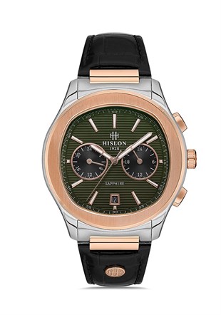 Hislon Siyah Deri Kordon Yeşil Kadran Spor Fonksiyonlu Erkek Kol saati DT148T-15KR