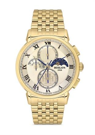 Hislon Çelik Metal Altın Gold Renk Safir Cam Kronometreli Spor Erkek Kol Saati TM143G-02SG