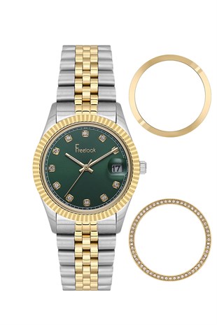 Freelook Metal Spor Gümüş Rose Gold Kasa Kordon Değiştirilebilinir Bezel Takvimli Kadın Kol Saati FL.4.10015-5 