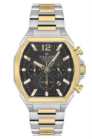 Nacar Çelik Gümüş Altın Gold Çift Renk Kare Kasa Safir Cam Siyah Kadran Kronometreli Erkek Kol Saati NC08-29430744-CBM