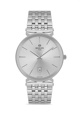 Hislon Klasik Safir Cam Metal Gümüş Renk Kasa Kordon Erkek Kol Saati CL217S-02SS