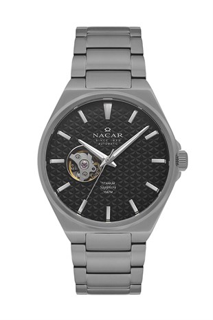 Nacat Otomatik Titanyum Kasa Kordon Safir Cam Siyah Yuvarlak Kadran Erkek Kol Saati NC33-258378-ABM