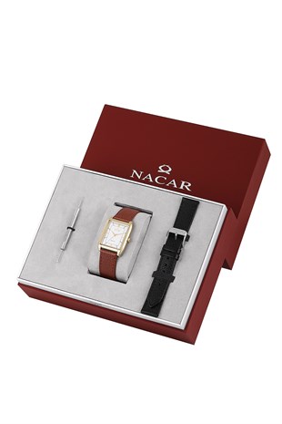 Nacar Babalar Gününe Özel  Seri Kare Altın Gold Kasa Kahverengi Deri Kordon Safir Cam Erkek Kol Saati NC08-29420738-DSL2