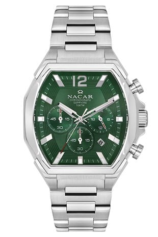 Nacar Çelik Gümüş Renk Kare Kasa Safir Cam Yeşil Kadran Kronometreli Erkek Kol Saati NC08-29430744-ANM