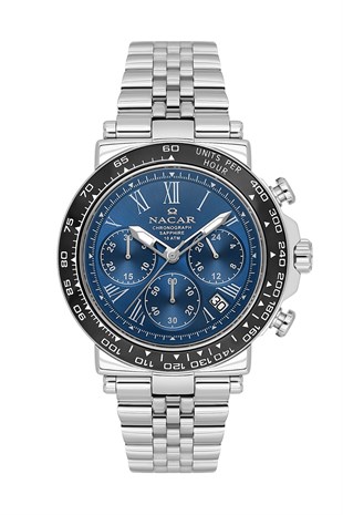Nacar Çelik Gümüş Renk Kronometreli Safir Cam Lacivert  Kadran Spor Erkek Kol SaatiNC34-29B843-ALBM