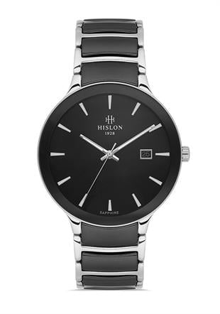 Hislon Klasik Safir Cam Metal Gümüş Siyah Renk Kasa Kordon Siyah Kadran Erkek Kol Saati CL110T-04SS
