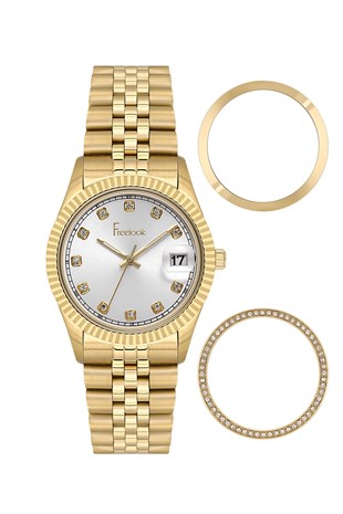 Freelook Metal Spor Gold Renk Takvimli Değiştirilebilinir Bezel Spor Kadın Kol Saati FL.4.10015-3